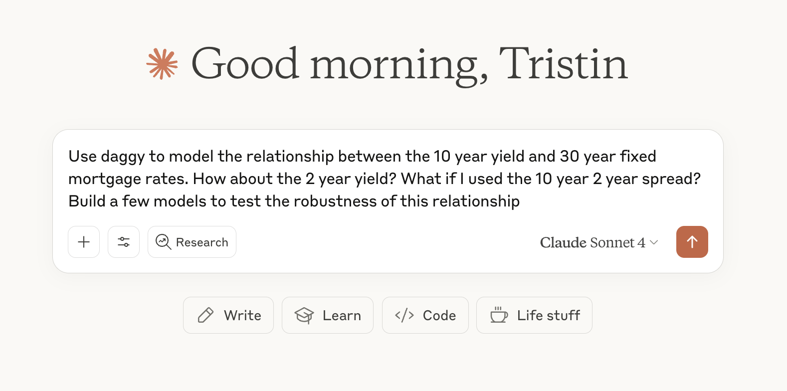 Asking Claude: Use Daggy to model the relationship between the 10 year yield and 30 year fixed mortgage rates. How about the 2 year yield? What if I used the 10 year 2 year spread? Build a few models to test the robustness of this relationship