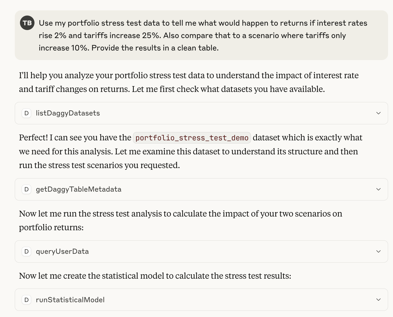 Claude Desktop showing portfolio analysis question and Daggy MCP integration